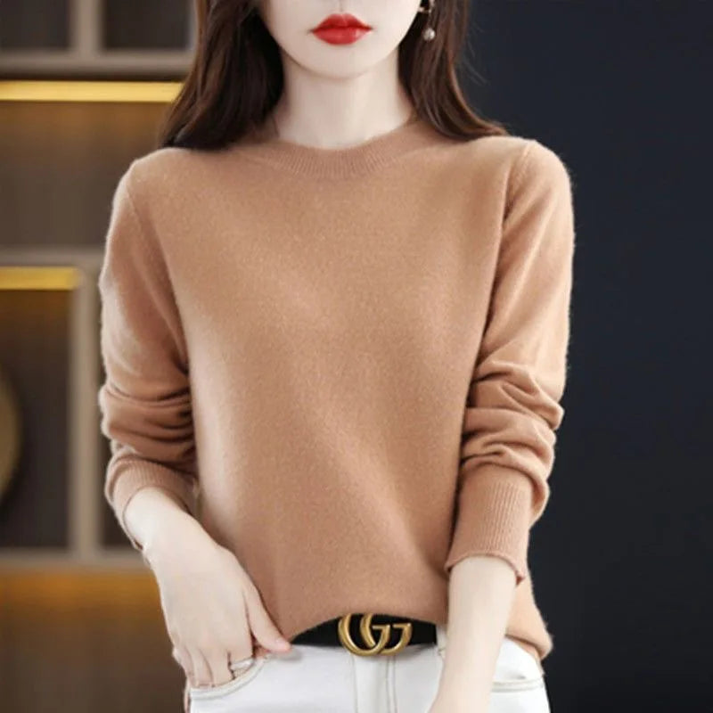Women Sweater O-neck Long-sleeved Solid Knitwear Bottoming Shirt