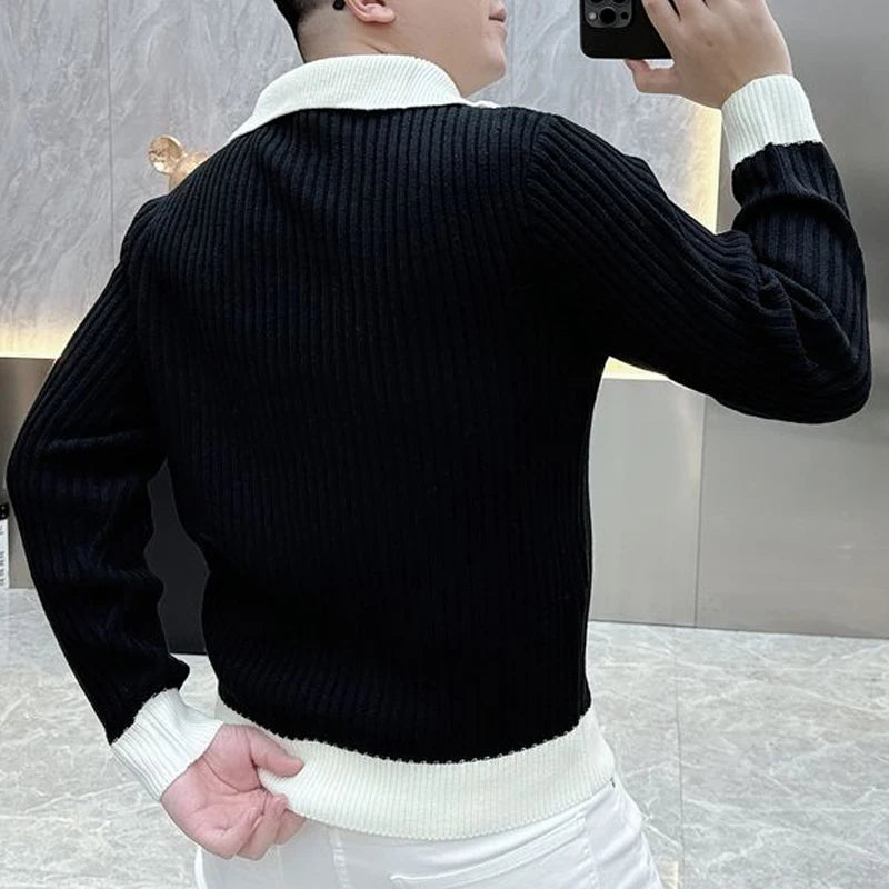 Black White r Business Casual Knitted Sweater Half Zipper Polo