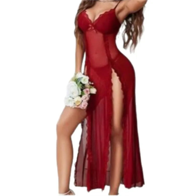 Sexy Lingerie Deep V  High Slit See Through Night Dress Women Pajamas Dress
