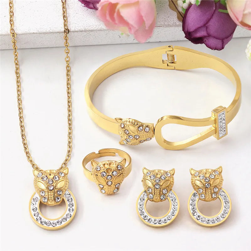 Stainless Steel Micro Inlaid Zircon Leopard Head Bracelet Necklace Earring Ring