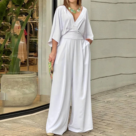 Women's  V-neck Short-sleeved Street Casual Jumpsuit Suit
