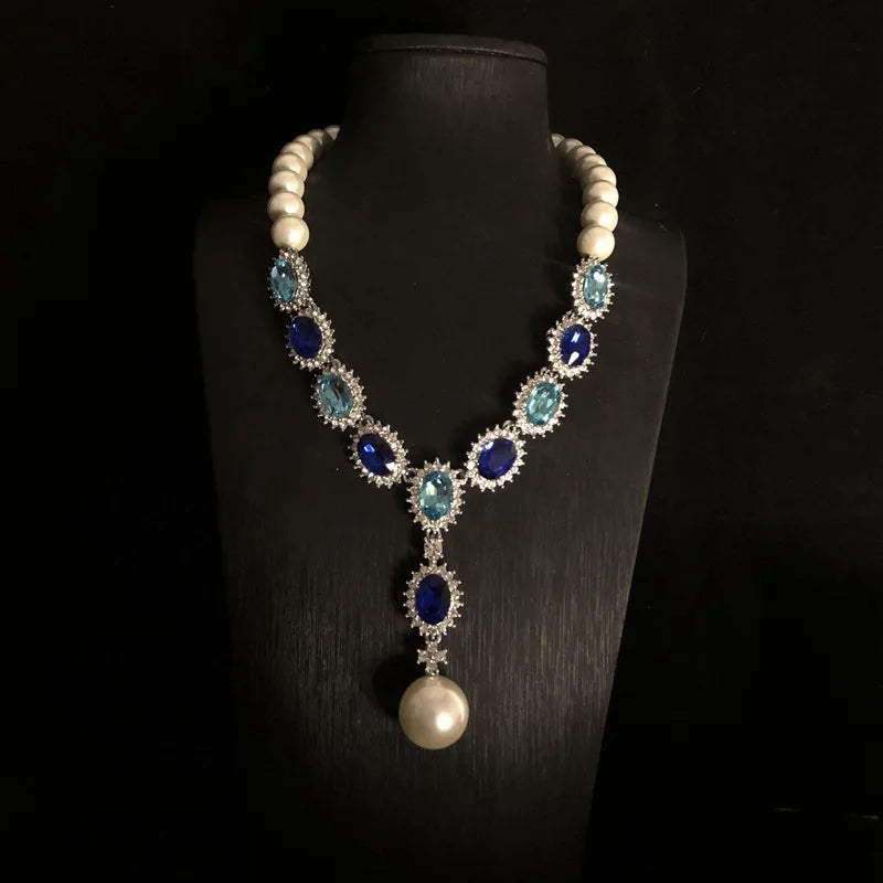 Retro Fashion Pearl Blue Stone Necklace Earrings