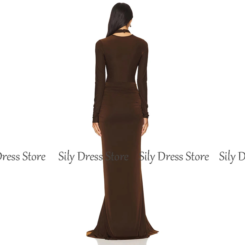 Brown Halter Pleat Front Split  Gown