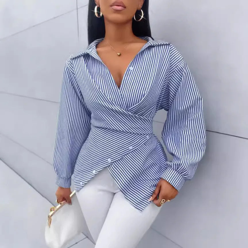 Blouses Chic Shirts Lady Fashion Casual Long Sleeve Turn-down Stripes