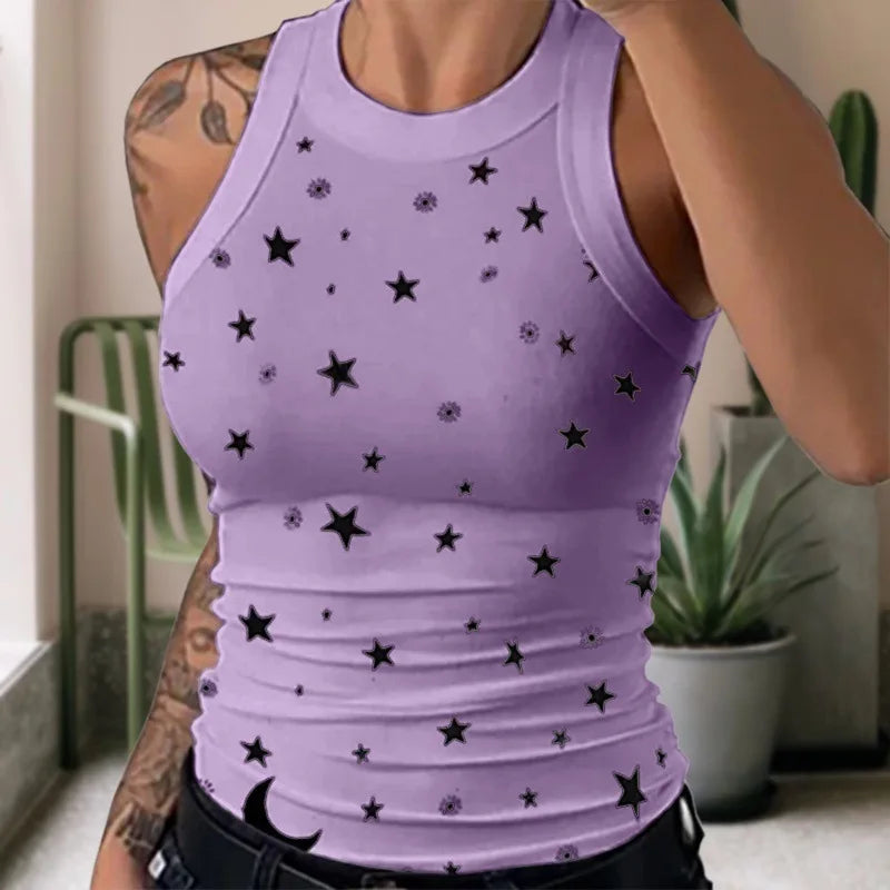 Women's  Tops Tanks Camis Digital printed round neck I-shaped vest