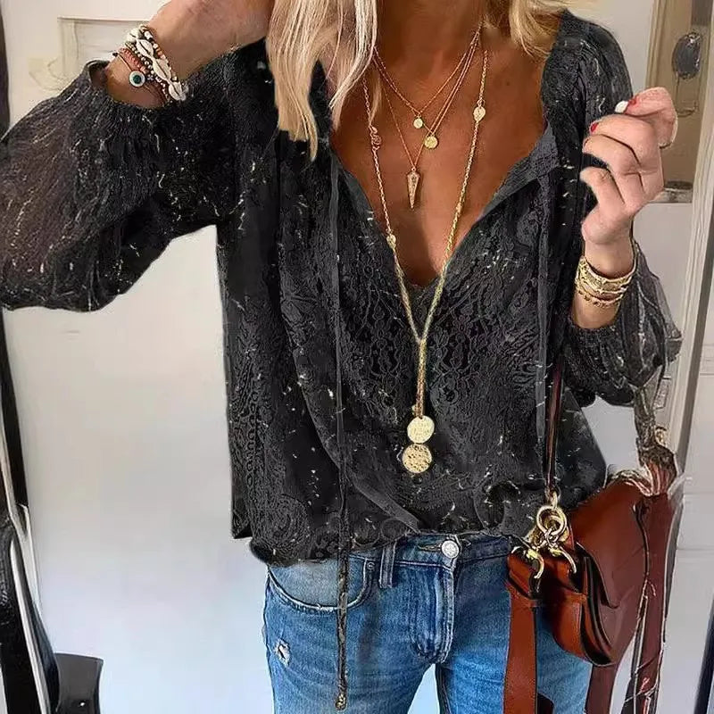 Women's Blouses Boho Lace Hollow Out Deep V Neck Pullover Shirt