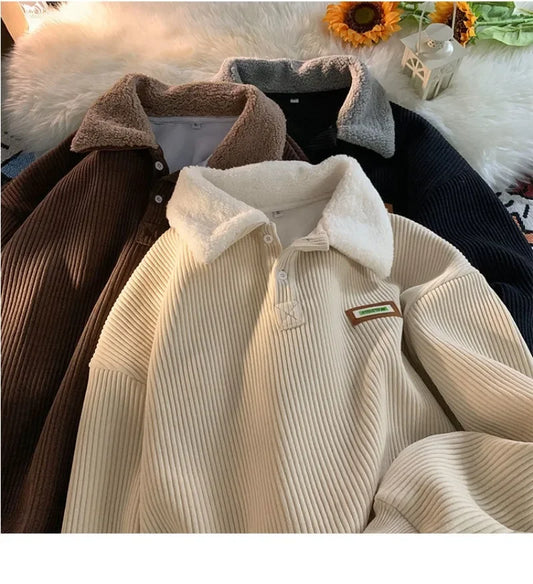 Women Vintage Hoodies Oversized Plus Velvet Thickened Corduroy Button