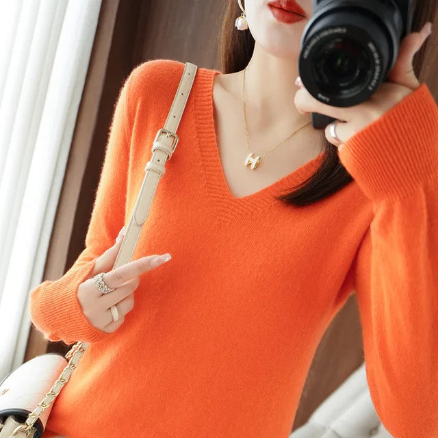 Women's Sweater  Knitted Pullovers V-neck Slim Fit Bottoming Shirt