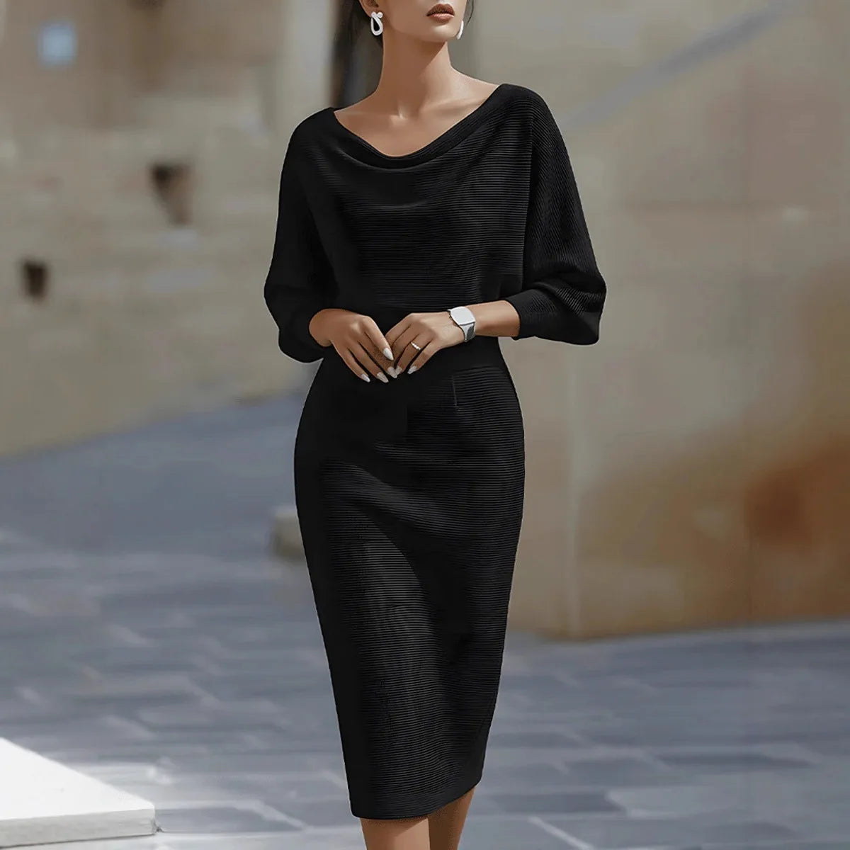 Batwing-sleeve Solid-colour Dress, Round-neck Slit-hem Fitted Midi Skirt