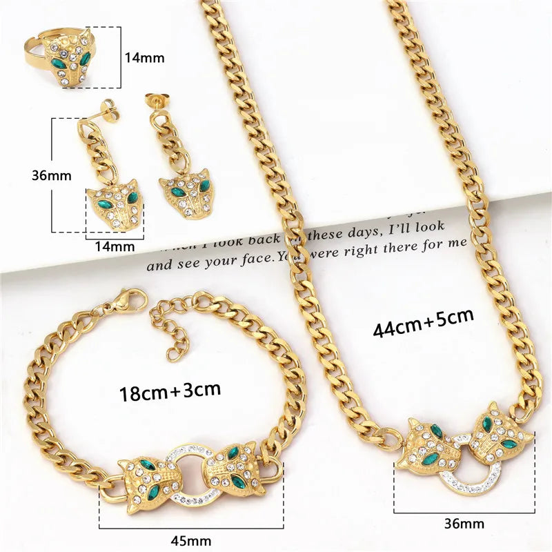 Stainless Steel Micro Inlaid Zircon Leopard Head Bracelet Necklace Earring Ring