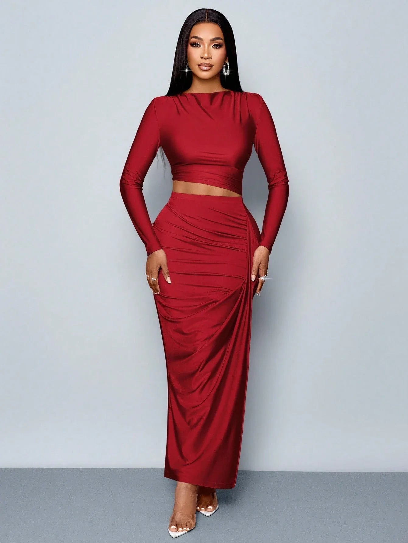 Women's Two-piece Set: Solid Color Elegant Leisure Long-sleeve T-shirt and Fitted Pleated Side set