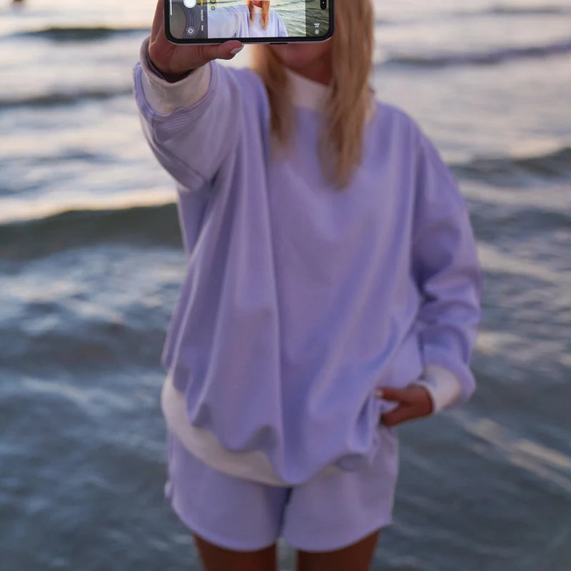 Striped Sweatshirt Sets for Women 2 Piece Shorts Outfit