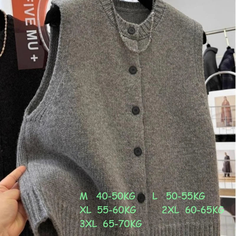 Women Sweater Vests Casual Loose Basics Solid Buttons Knitwear Sleeveless