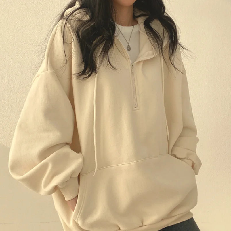 Women Hoodie  Loose Oversized Solid Color Top Half Zip Up Sweatshirt
