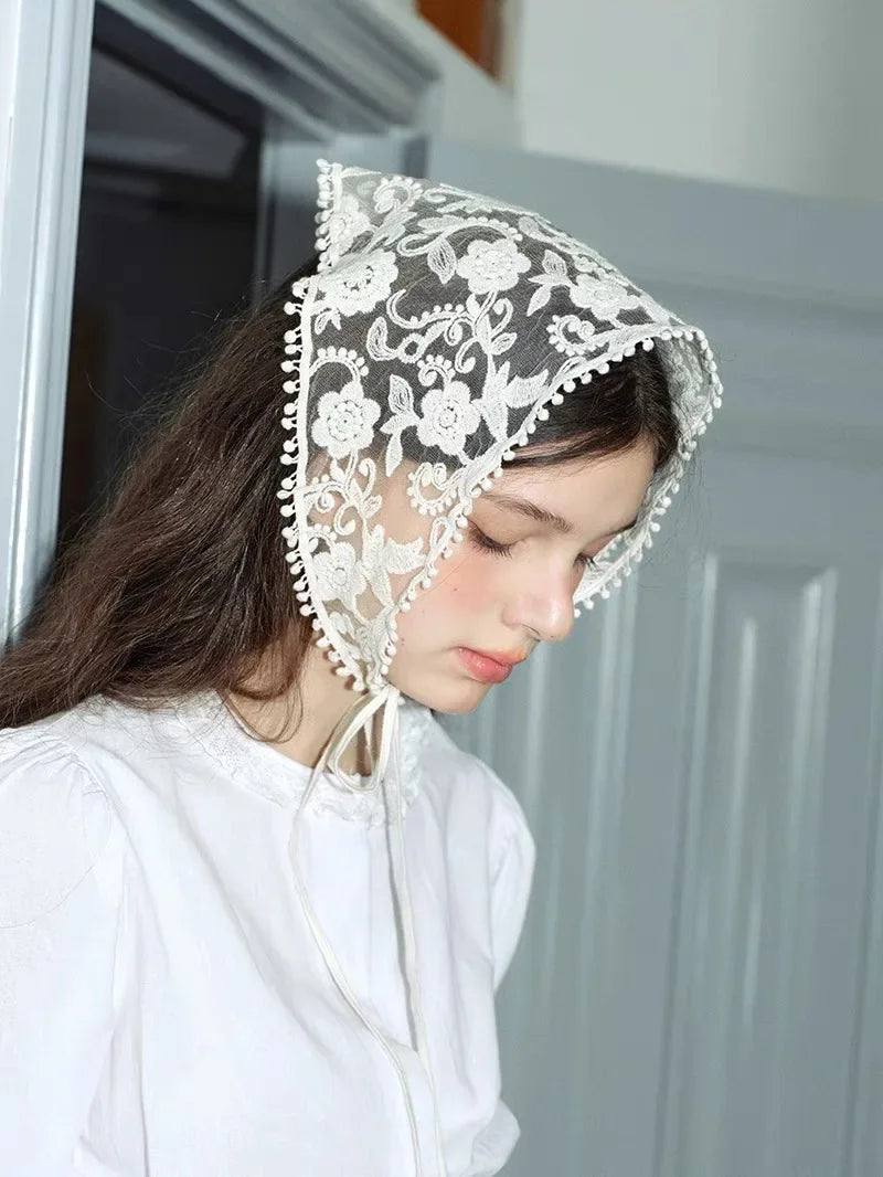 White Woven Floral Lace Hair Scarf Wraps