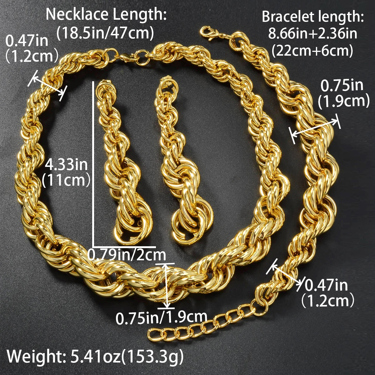3pcs Men's Women's Jewelry Set Fried Dough Twists Necklace Bracelet Earrings