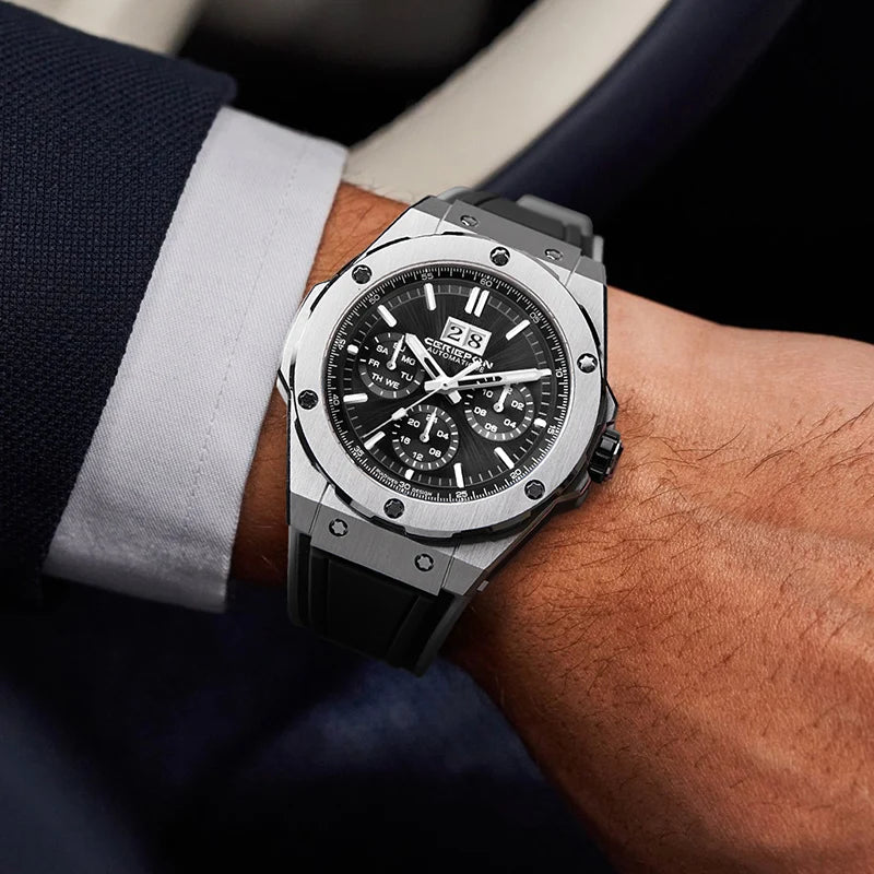 Mechanical Watches for Men Sport Analog Automatic Wristwatches with Silicone Strap Stainless Steel Waterproof