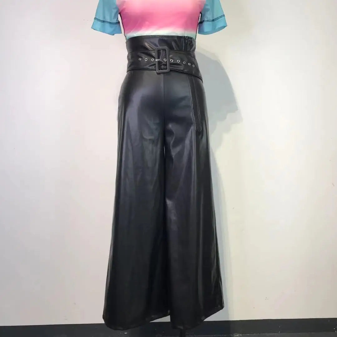 Women's Fashion High Waist Trousers PU Leather Pants