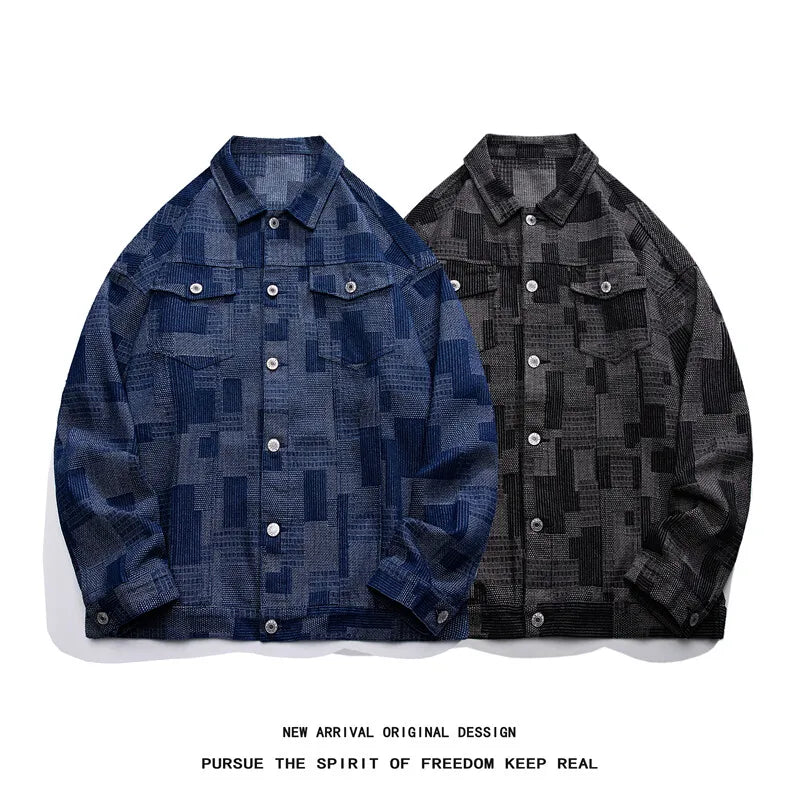 denim jacket man coat Vintage Loose Denim Jacket with Grid Pattern