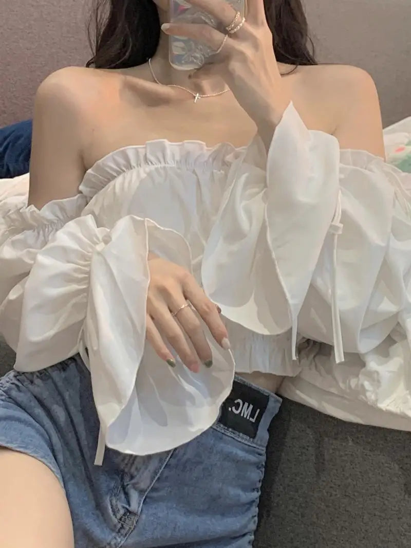Long Sleeve White Blouses Women Short Slim Ruffles