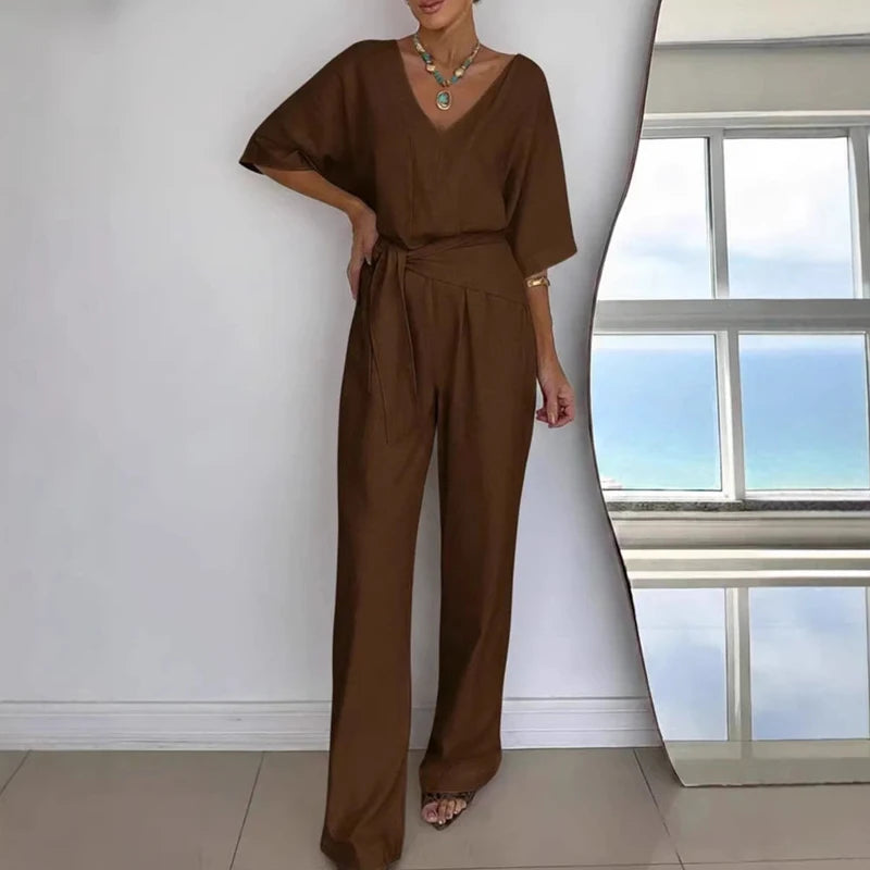 Women's Fashion Loose Playsuits Simple Solid V-neck Short Sleeved Romper