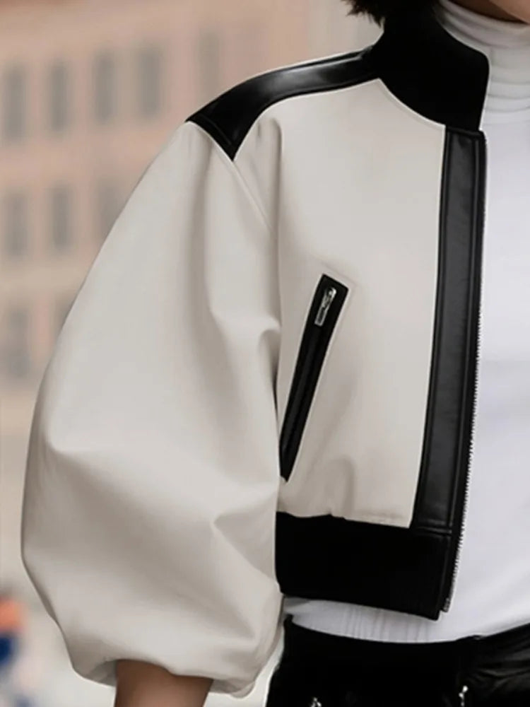 Leather Zipper Jackets Women Puff Sleeves Stand Collar Casual Outerwears