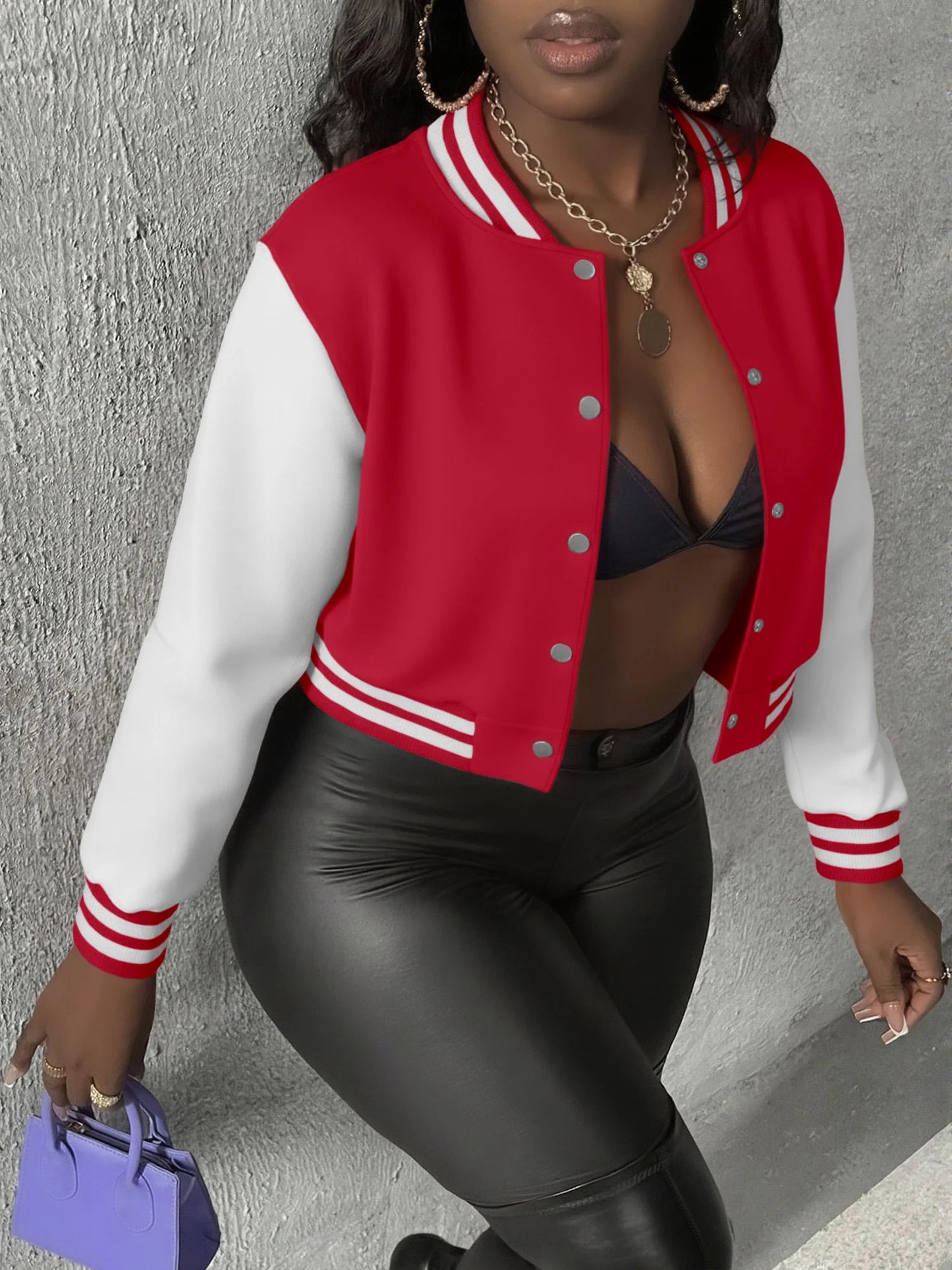 Versatile Cropped Varsity Jacket Women's Color Block Baseball Coat