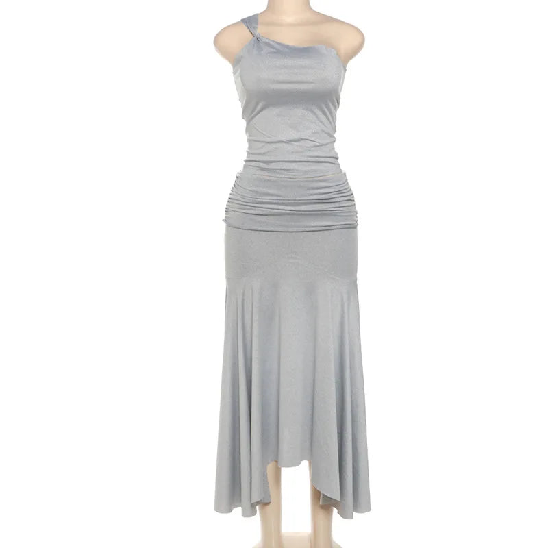Tornova Pleated High Waist Long Skirt Suit Female One-shoulder Sleeveless Tanks Top