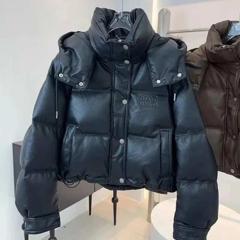 2025 Women's Pu Skin Down Cotton Jacket Versatile Hooded Lady Coat