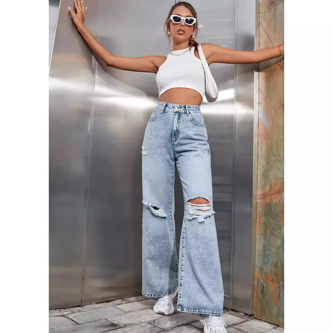 Women's Fashion Ripped High Waist Wide Leg Casual  Boyfriend