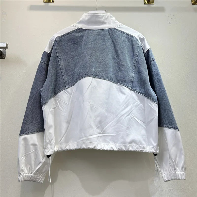 Denim Coats Stand Collar Jackets Zipper Full Sleeve