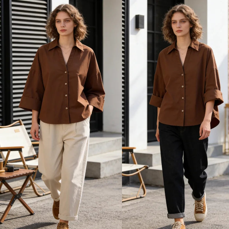 Brown Oversized Shirt Women Shirts & Blouses Loose Short Sleeve Top