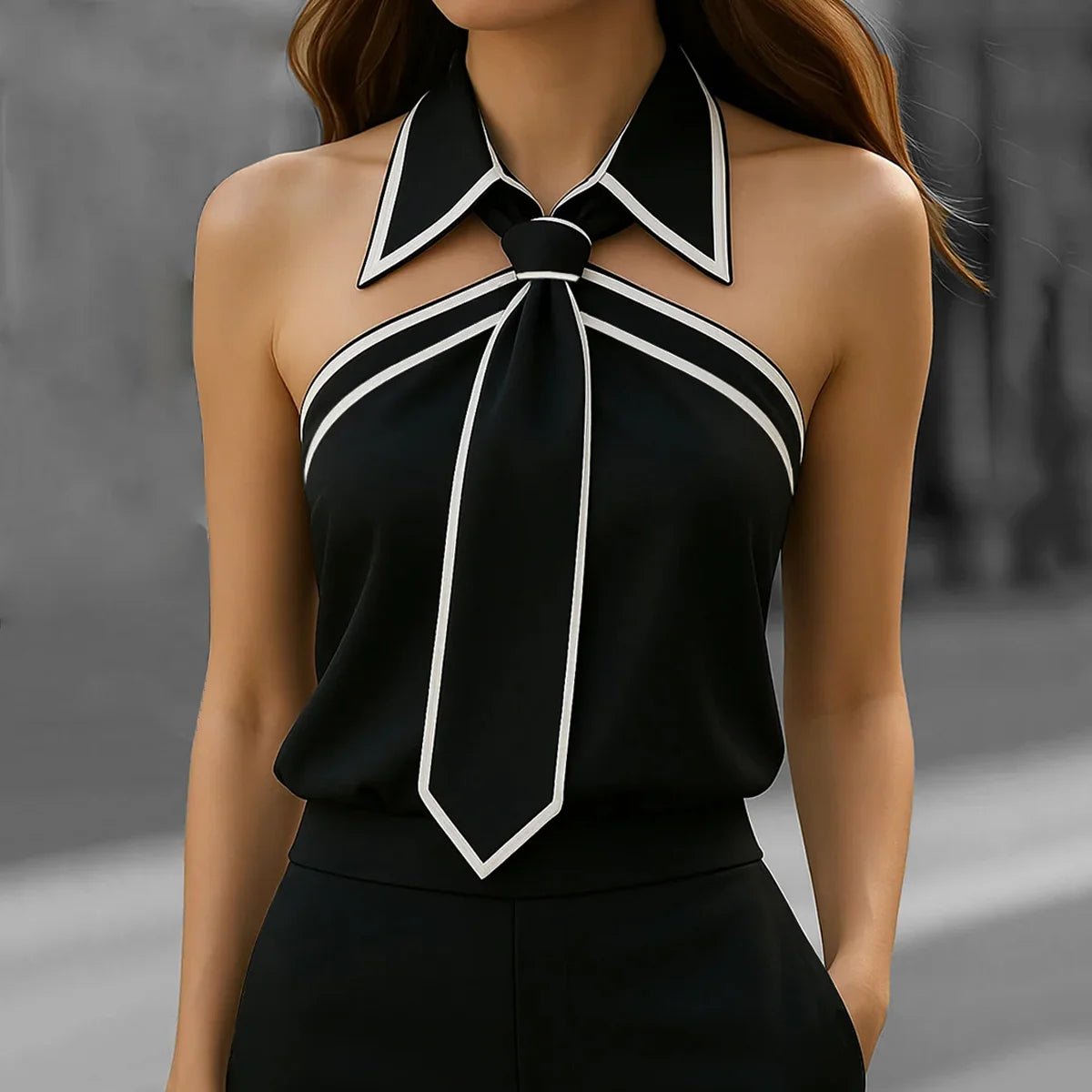 Women's Tank Tops Tie Neck Strap Necktie Lapel Design