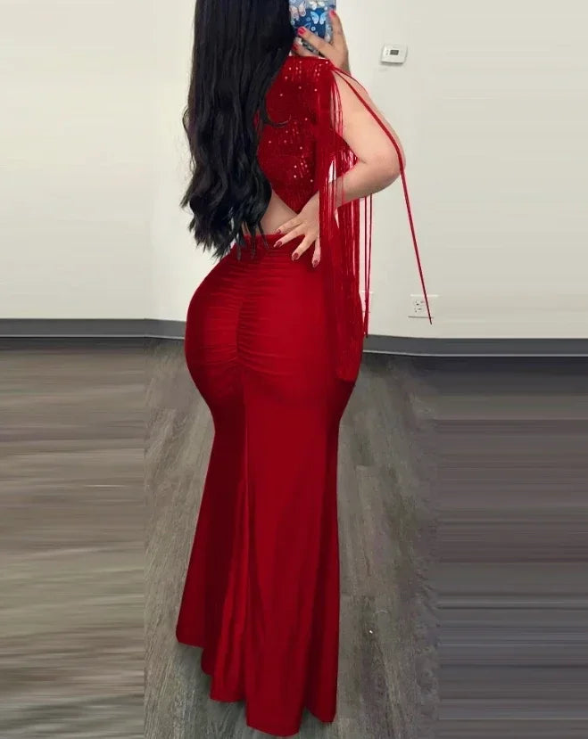 Sexy Party Glamorous Contrast Sequin Ruched Slit  Dress