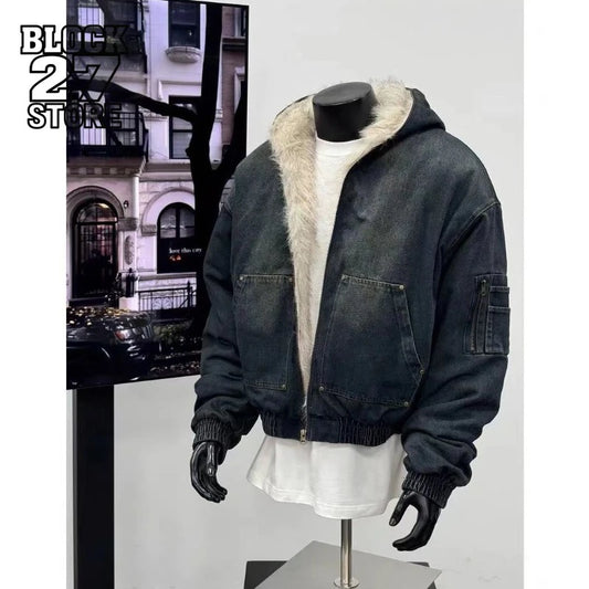 Mens Jacket Harajuku Hooded Denim Cotton