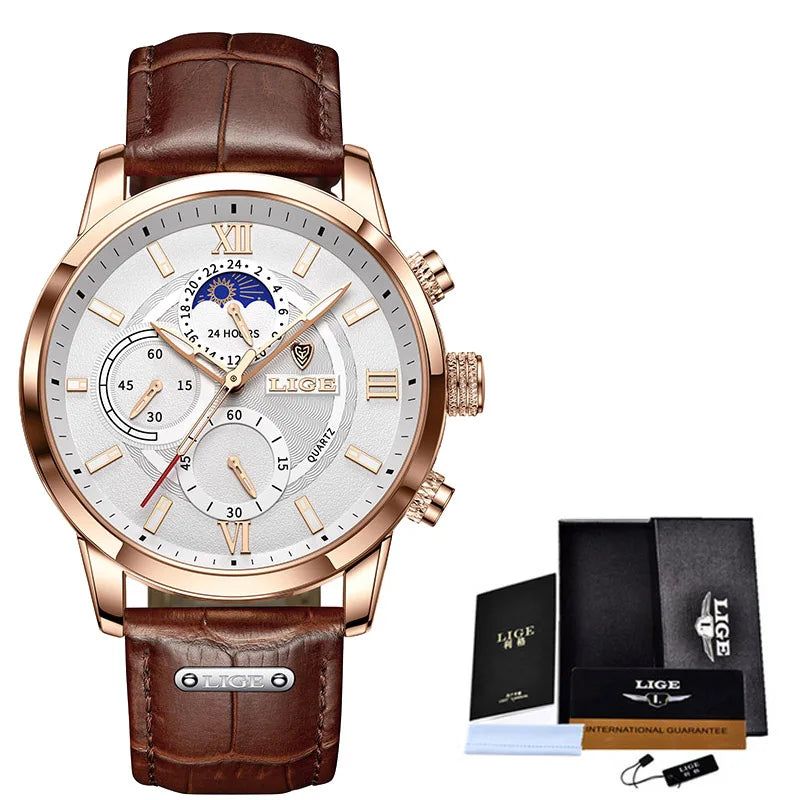 Men's Watches LIGE  WristWatch Leather Quartz Watch Sports Waterproof