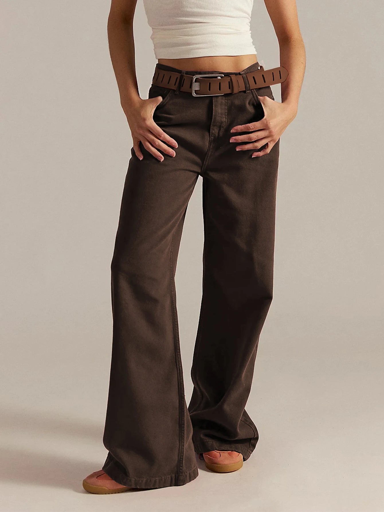 Women's retro brown wide-leg jeans