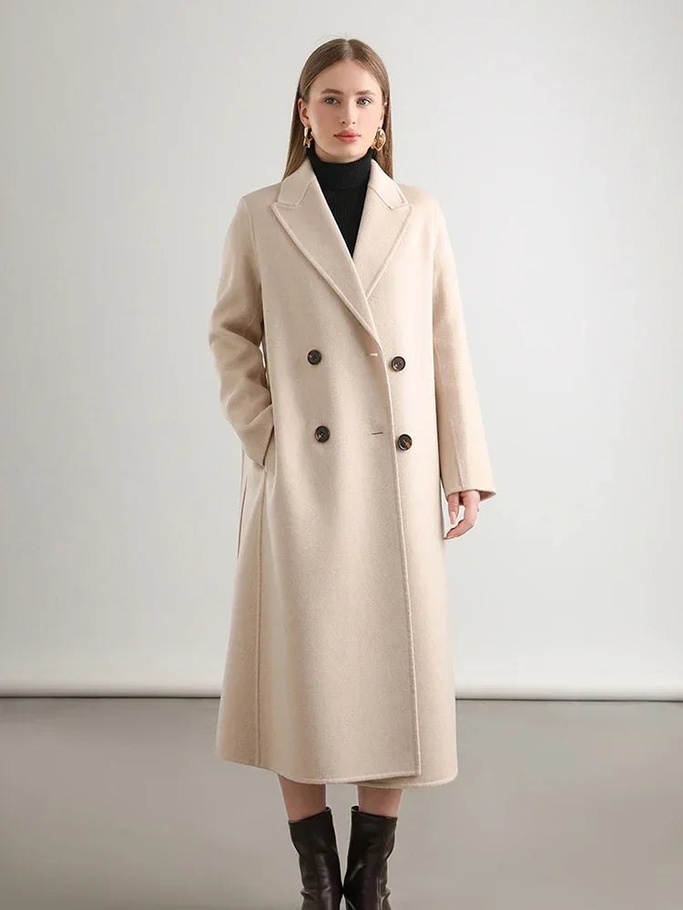 Wool Peak Lapel Overcoat Belt Double-Breasted Long Jacket Trench Coat
