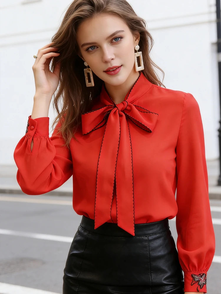 Elegant Office Lady Blouses Casual Women's Top Red Bow Tie Neck Blouse Long Sleeve Chiffon Shirt with Floral Embroidery Cuffs