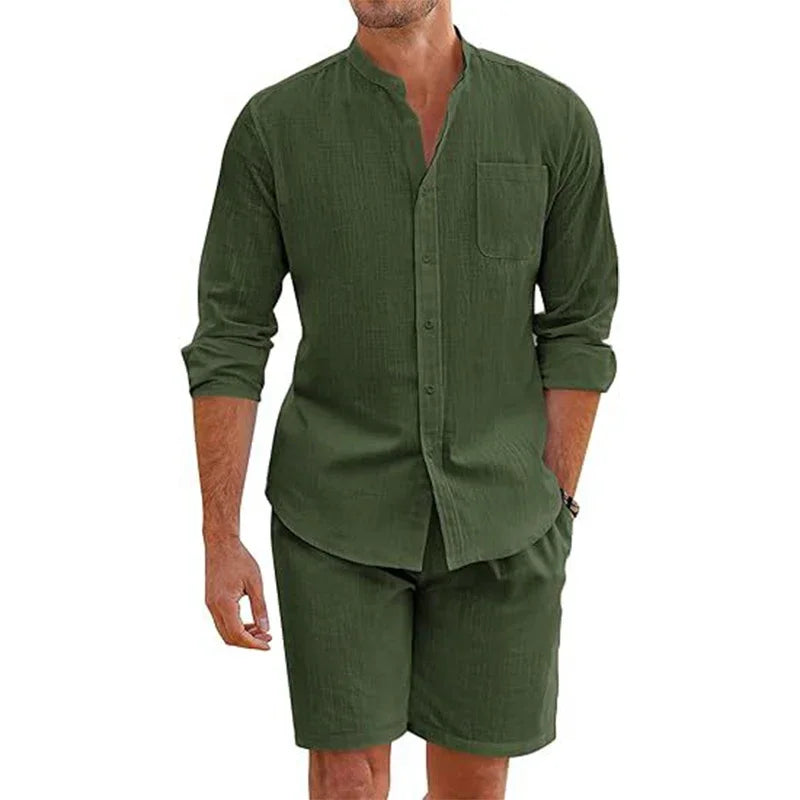 Summer Men's Casual Sets Breathable Cotton Linen Vintage Stand