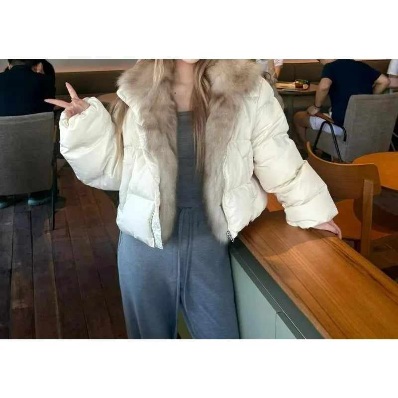 Short Puffer Jacket with Large Fur Collar for Women