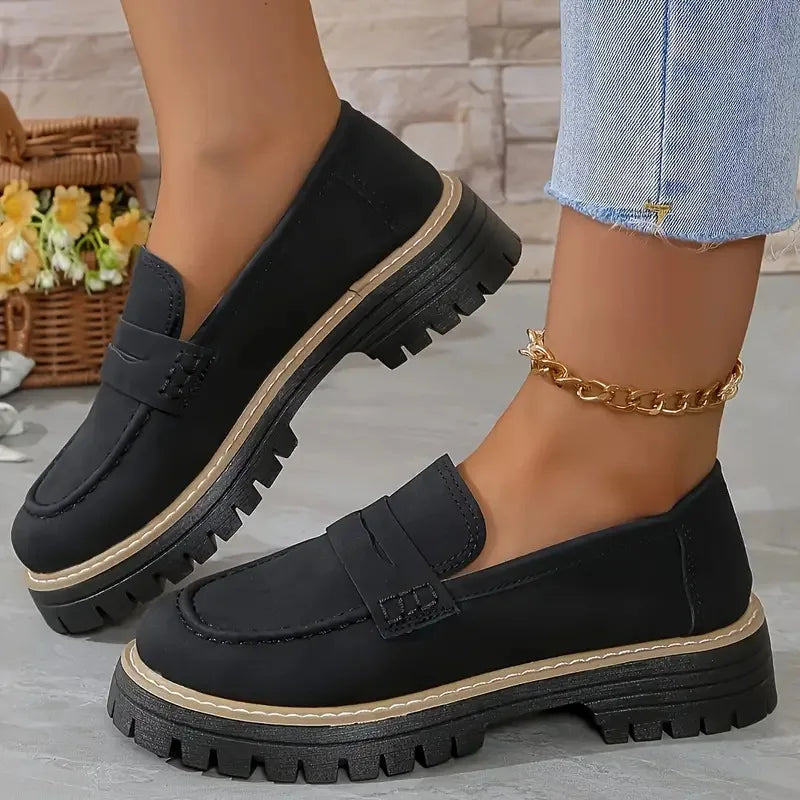 Woman Loafers Ladies Large Size Frosted British Thick Heel Round Toe Rubber Outsole Korean Style Casual Shoes