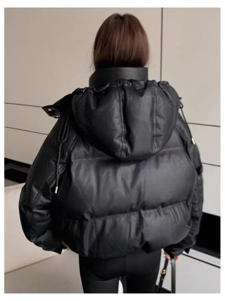 2025 Women's Pu Skin Down Cotton Jacket Versatile Hooded Lady Coat