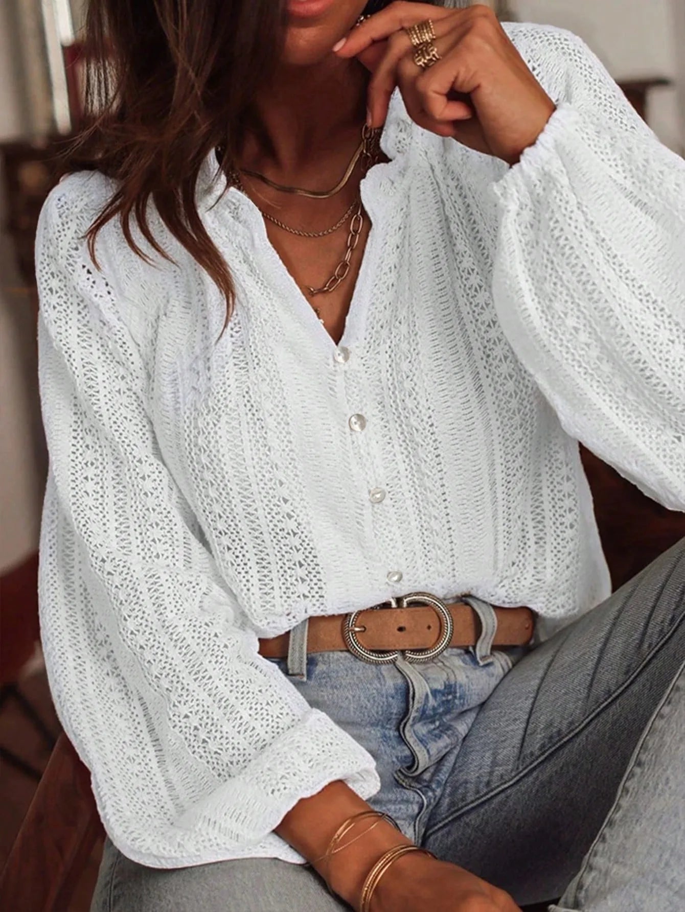 Women's Blouses  Loose Fashion Simple All-Match Hollow Lace V-neck Single Breaked