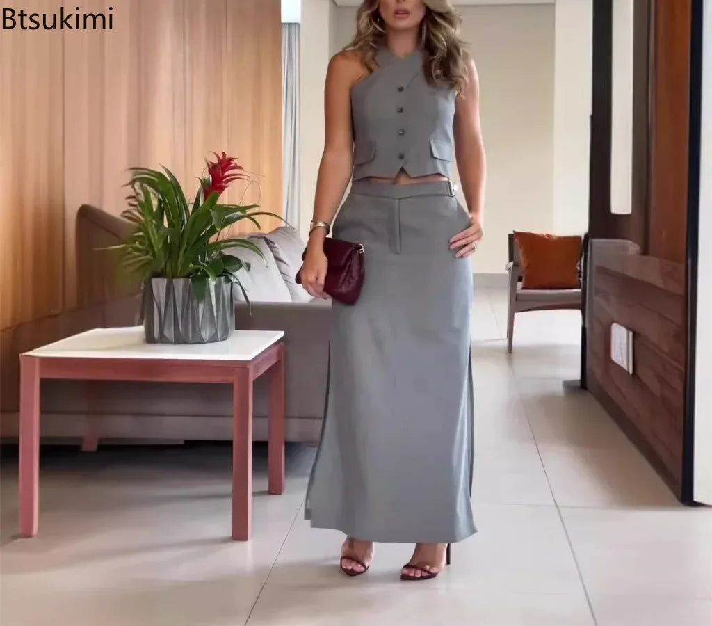 Sleevelees Crop Vest and High Waist Maxi Skirts Two Pieces