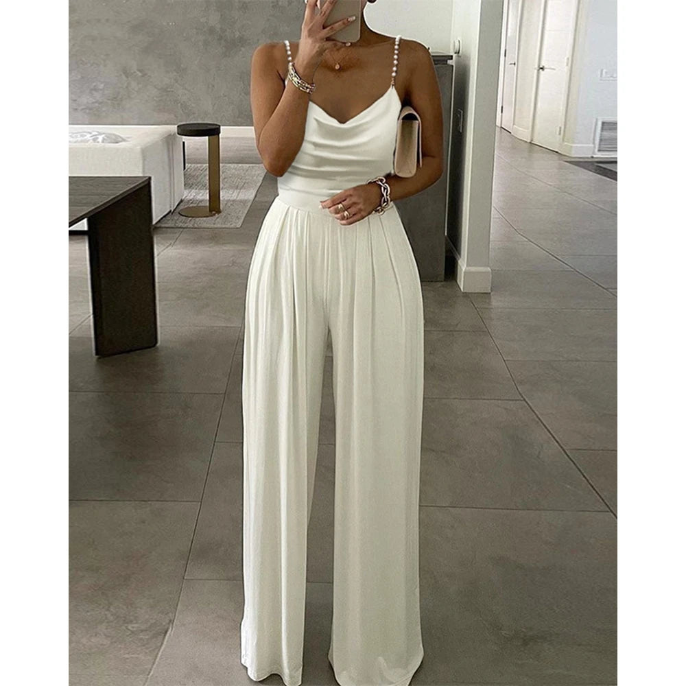Women One Shoulder Ruched Buckle Wide Leg Black Jumpsuits