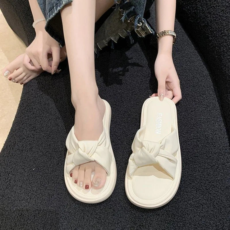 Woman Slippers Home Shoes  Beige Sandals with Bow Soft platform slides