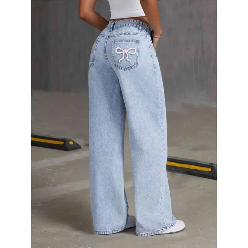 Women Jeans Embroidery High Waist Distressed Washed Pockets