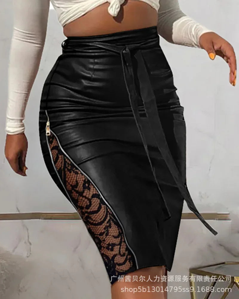 Sexy Split Lace Splice Slim Fit Lace Strap Half Fit Leather Skirt