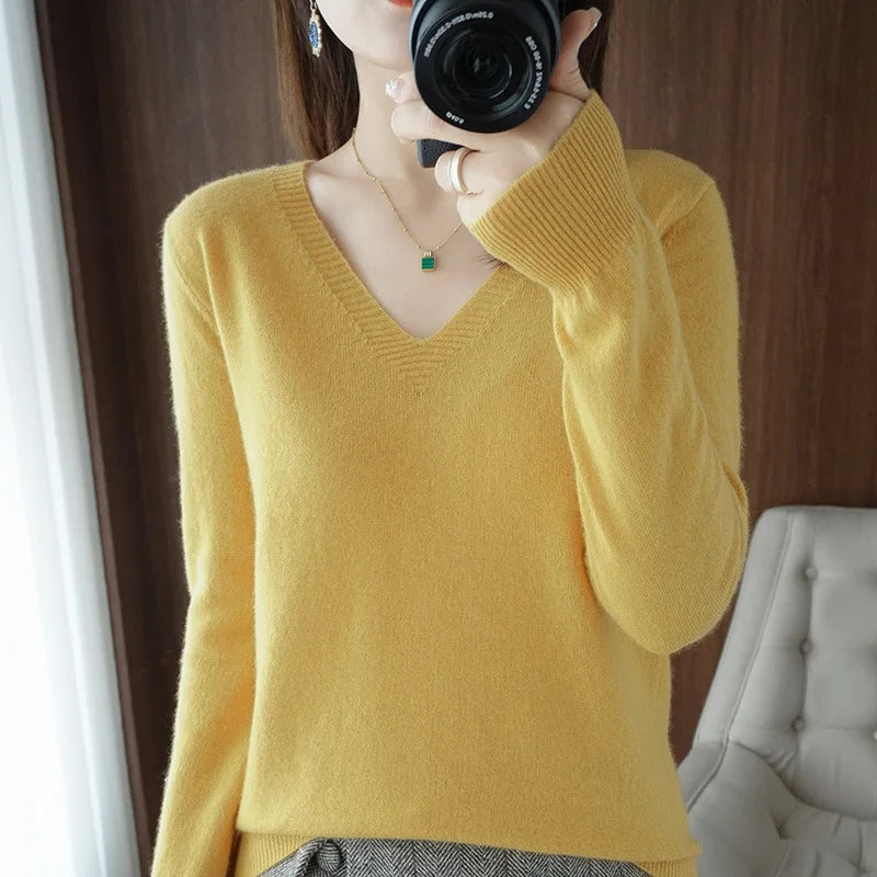 Women's Sweater  Knitted Pullovers V-neck Slim Fit Bottoming Shirt
